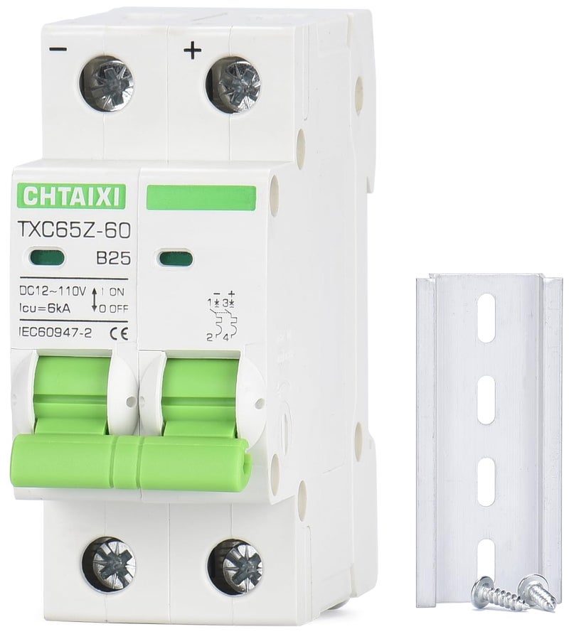 CHTAIXI 12V-110V DC Miniature Circuit Breaker, 25 Amp 2 Pole Battery Breaker Protector for Solar PV System and RV, Thermal Magnetic Trip, DIN Rail Mount, DC Disconnect Switch B25 - Image 1